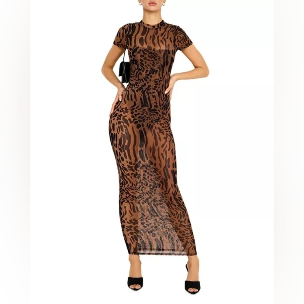 NWT $169 GOOD AMERICAN Mesh Maxi Dress XS Leopard